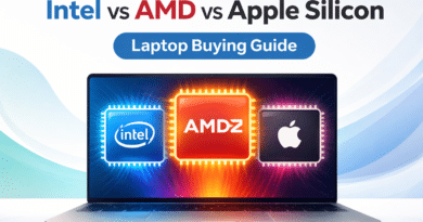 Laptop processor comparison showing Intel, AMD, and Apple Silicon chips to help buyers choose the right laptop processor