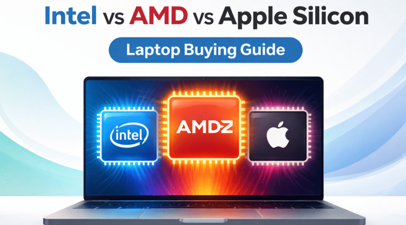 Laptop processor comparison showing Intel, AMD, and Apple Silicon chips to help buyers choose the right laptop processor