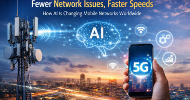 AI-powered telecom network showing a 5G mobile tower and smartphone, illustrating how artificial intelligence is improving mobile network speed, reliability, and user experience worldwide.