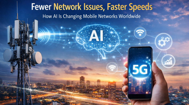 AI-powered telecom network showing a 5G mobile tower and smartphone, illustrating how artificial intelligence is improving mobile network speed, reliability, and user experience worldwide.