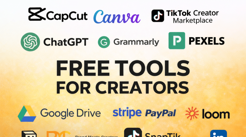 Free tools and resources content creators use for video editing, design, AI writing, and analytics