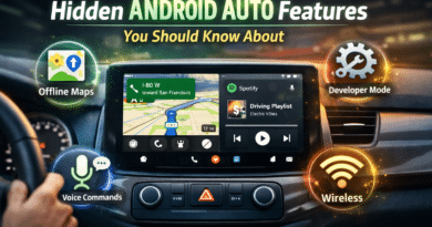 Car dashboard displaying Android Auto interface with split-screen navigation and music, highlighting hidden features like offline maps, developer mode, voice commands, and wireless connectivity.