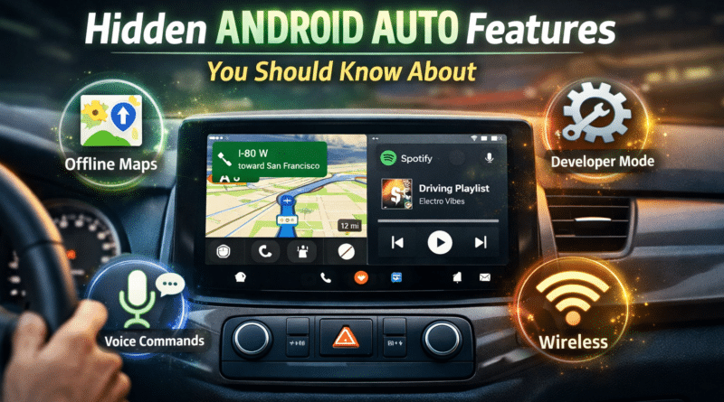 Car dashboard displaying Android Auto interface with split-screen navigation and music, highlighting hidden features like offline maps, developer mode, voice commands, and wireless connectivity.