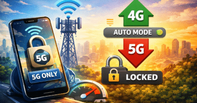 Smartphone locked to 5G network with cellular tower in background, symbolizing stable 5G connectivity and high-speed mobile data
