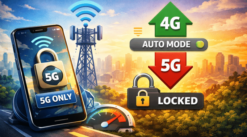Smartphone locked to 5G network with cellular tower in background, symbolizing stable 5G connectivity and high-speed mobile data