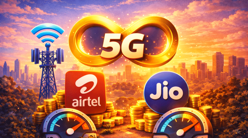 unlimited 5G mobile data with Airtel and Jio network connectivity in an urban setting.”