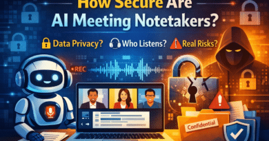 Illustration showing AI meeting notetaker recording an online meeting with security lock, data privacy warning and hacker risk icons, highlighting privacy concerns of AI meeting transcription tools