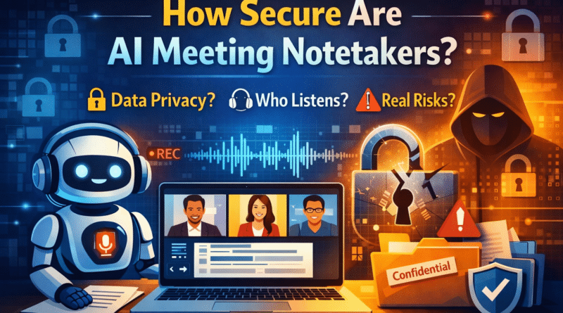 Illustration showing AI meeting notetaker recording an online meeting with security lock, data privacy warning and hacker risk icons, highlighting privacy concerns of AI meeting transcription tools