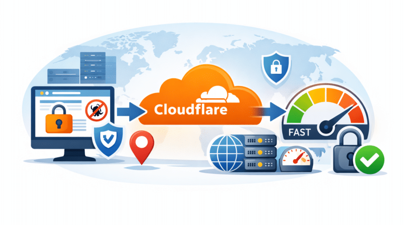 Cloudflare free tier security and performance layer protecting a website domain with CDN and SSL