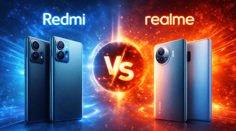 Redmi and Realme smartphones representing competition in performance, camera, software, and value-focused mobile phones
