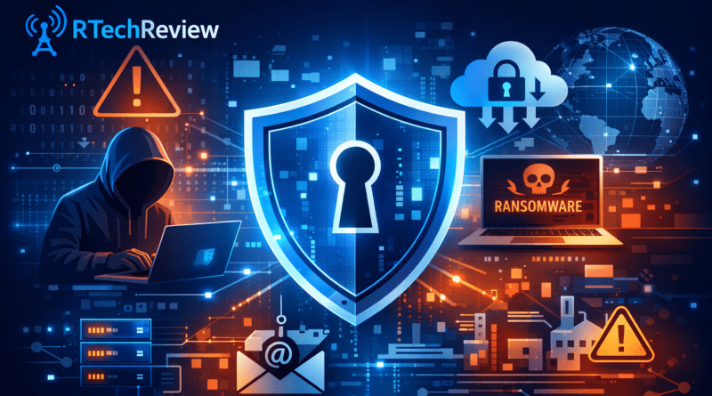 Top cyber threats facing enterprises including ransomware, phishing, supply chain attacks, and cloud security risks
