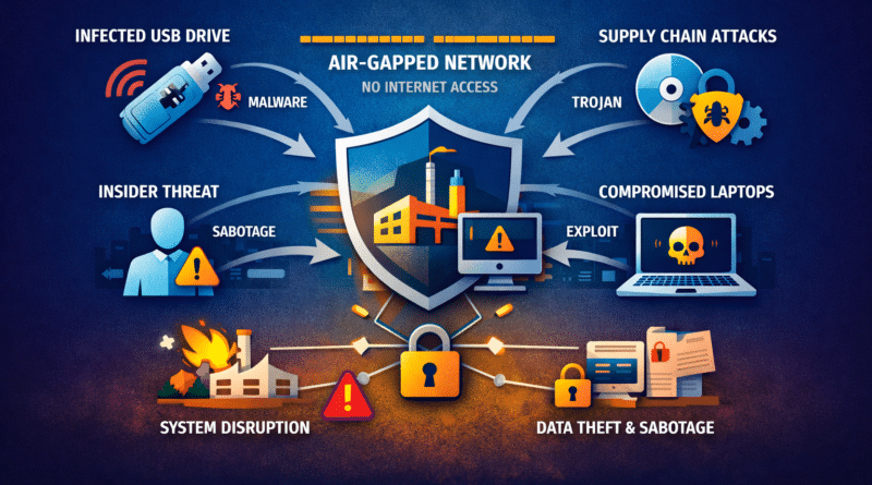 Air-gapped network security showing how offline and isolated systems can still be compromised through USB devices, insider access, and supply chain attacks