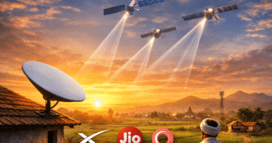 Satellite internet dish connecting a rural Indian village, symbolising Starlink, Jio-SES and OneWeb broadband rollout in India