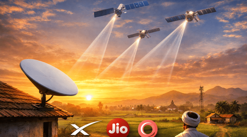 Satellite internet dish connecting a rural Indian village, symbolising Starlink, Jio-SES and OneWeb broadband rollout in India
