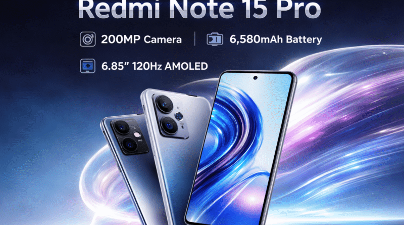 Redmi Note 15 Pro smartphone showing 200MP camera, AMOLED display and premium design