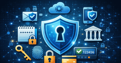 Symbolic illustration showing a secure digital shield with lock and password icons representing safe password manager and cybersecurity protection
