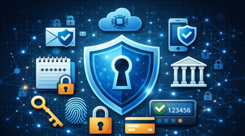 Symbolic illustration showing a secure digital shield with lock and password icons representing safe password manager and cybersecurity protection