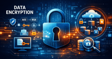 Data encryption techniques showing encryption algorithms, digital lock security, DES, and homomorphic encryption in cloud computing