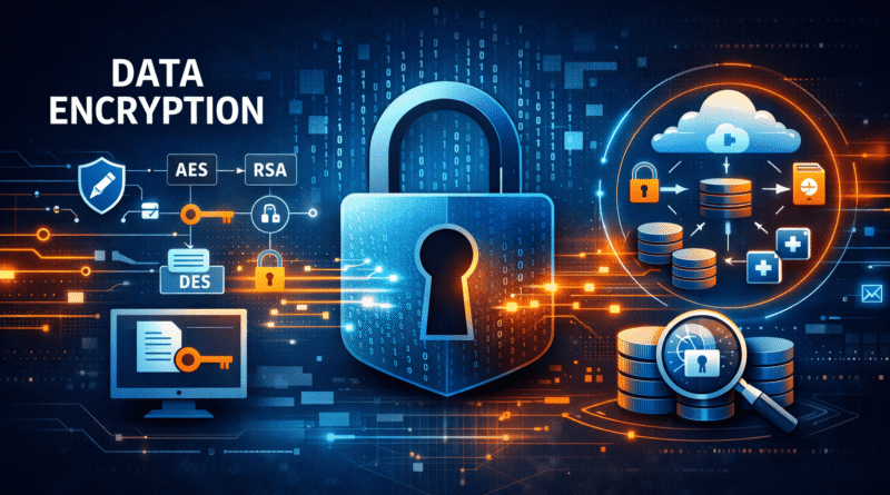 Data encryption techniques showing encryption algorithms, digital lock security, DES, and homomorphic encryption in cloud computing