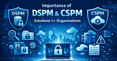 Illustration showing DSPM and CSPM solutions securing sensitive data and cloud infrastructure with shields, cloud icons, and security symbols.