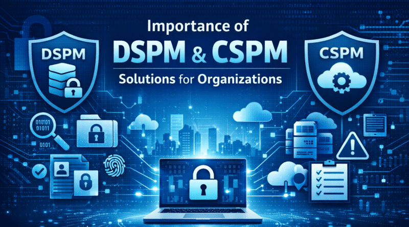Illustration showing DSPM and CSPM solutions securing sensitive data and cloud infrastructure with shields, cloud icons, and security symbols.