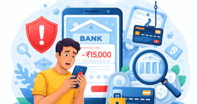 Concerned user checking mobile phone after unauthorized bank transaction showing digital fraud alert and money deducted without knowledge