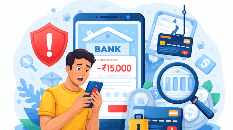 Concerned user checking mobile phone after unauthorized bank transaction showing digital fraud alert and money deducted without knowledge