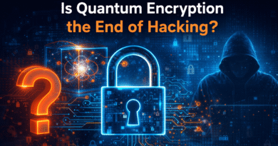 Futuristic digital illustration showing quantum encryption security with glowing padlock, quantum particles, and hacker silhouette representing next generation cybersecurity protection.