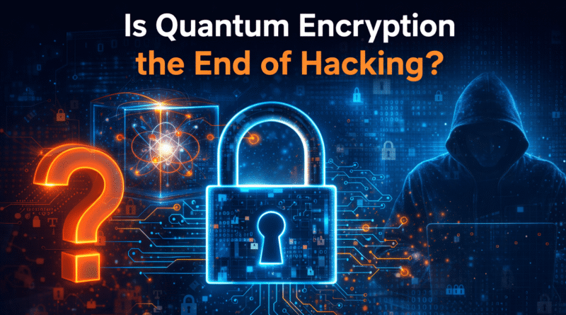 Futuristic digital illustration showing quantum encryption security with glowing padlock, quantum particles, and hacker silhouette representing next generation cybersecurity protection.