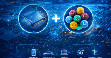 Symbolic illustration showing connection between semiconductor chip and rare earth metals with technology icons like smartphone, electric vehicle and 5G representing importance of rare earth metals in semiconductor manufacturing