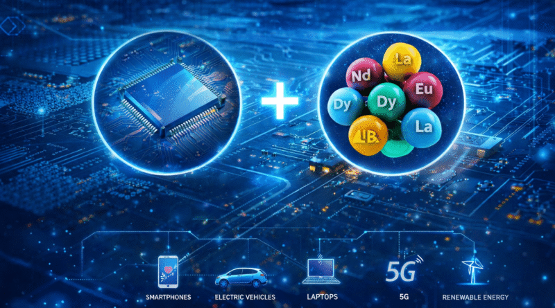 Symbolic illustration showing connection between semiconductor chip and rare earth metals with technology icons like smartphone, electric vehicle and 5G representing importance of rare earth metals in semiconductor manufacturing