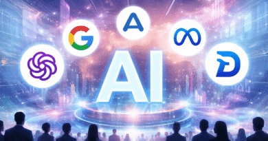 Futuristic illustration showing global AI competition with major tech companies competing to build the most powerful artificial intelligence model.
