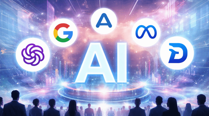 Futuristic illustration showing global AI competition with major tech companies competing to build the most powerful artificial intelligence model.