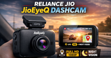 Reliance Jio JioEyeQ Dashcam with GPS and Full HD 1080p recording displayed inside a car