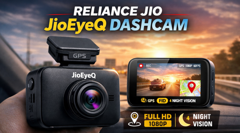 Reliance Jio JioEyeQ Dashcam with GPS and Full HD 1080p recording displayed inside a car
