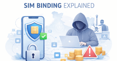 Illustration showing SIM binding concept with smartphone, SIM card shield and security icons representing fraud prevention and digital security.”
