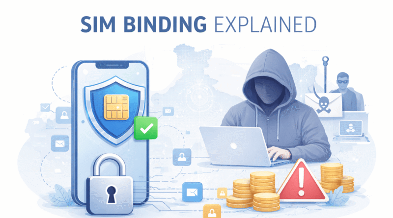 Illustration showing SIM binding concept with smartphone, SIM card shield and security icons representing fraud prevention and digital security.”