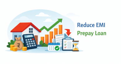 Home Loan EMI and Prepayment Calculator illustration showing savings, calculator, and home loan reduction concept