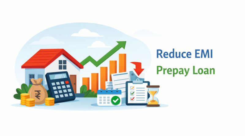 Home Loan EMI and Prepayment Calculator illustration showing savings, calculator, and home loan reduction concept