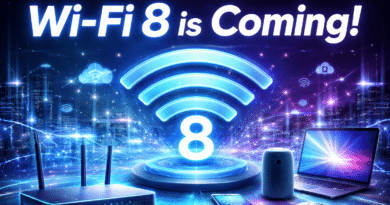 “WiFi 8 futuristic concept image showing glowing WiFi symbol with number 8, smart devices and connected city background representing next generation WiFi 8 technology