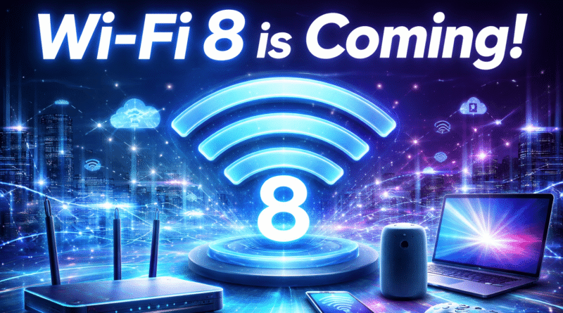 “WiFi 8 futuristic concept image showing glowing WiFi symbol with number 8, smart devices and connected city background representing next generation WiFi 8 technology
