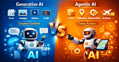 Generative AI vs Agentic AI comparison infographic showing differences between content creation AI and action-oriented AI with blue and orange split design.