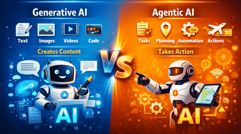 Generative AI vs Agentic AI comparison infographic showing differences between content creation AI and action-oriented AI with blue and orange split design.