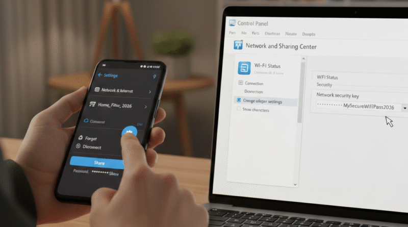 “Illustration showing WiFi router, laptop, and smartphone with password symbol representing how to find WiFi password on mobile and laptop