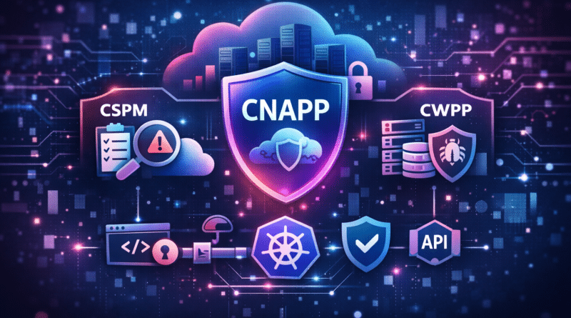 Abstract cloud cybersecurity illustration showing a central shield representing CNAPP with connected cloud, lock, and workload icons, symbolizing unified protection across cloud posture and workloads in a modern digital environment.