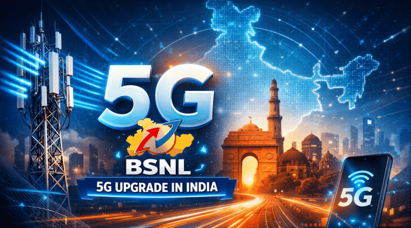 BSNL 5G upgrade in India showing telecom tower, 5G network signal and digital India connectivity concept
