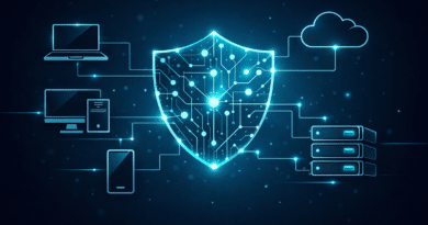 Endpoint protection concept showing connected devices like laptop, mobile, server and cloud protected by a central cybersecurity shield representing EPP, EDR and XDR security solutions