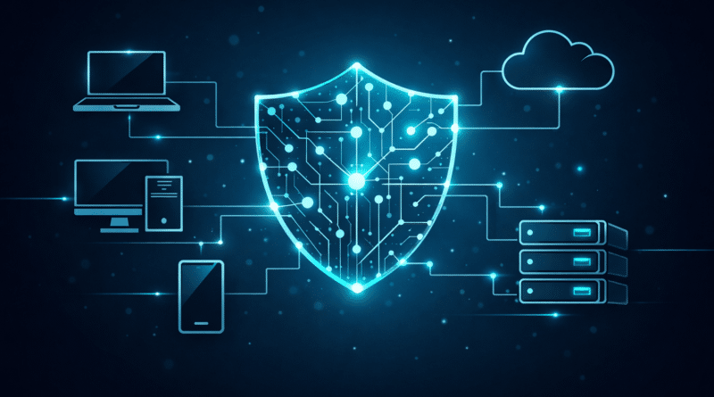Endpoint protection concept showing connected devices like laptop, mobile, server and cloud protected by a central cybersecurity shield representing EPP, EDR and XDR security solutions