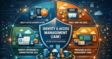 Identity and Access Management (IAM) architecture diagram showing key components including Multi-Factor Authentication (MFA), Single Sign-On (SSO), Privileged Access Management (PAM), and Identity Governance and Administration (IGA).