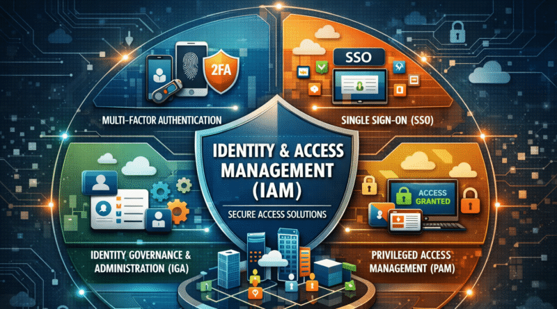 Identity and Access Management (IAM) architecture diagram showing key components including Multi-Factor Authentication (MFA), Single Sign-On (SSO), Privileged Access Management (PAM), and Identity Governance and Administration (IGA).